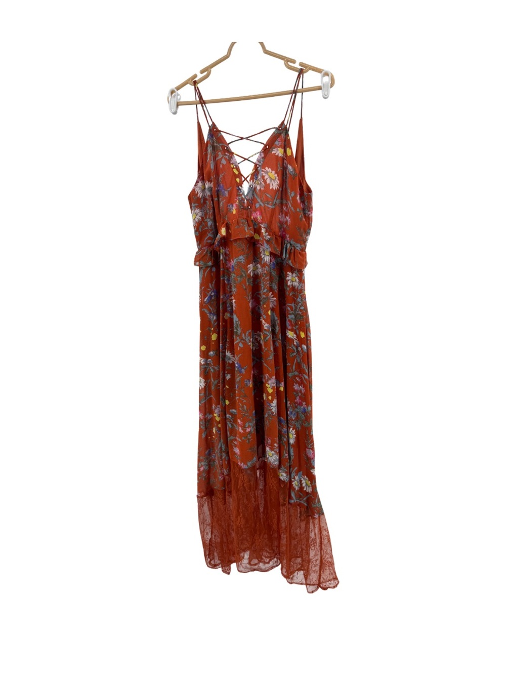 Women's Maxi floral Dress Burnt Orange open back M lace boho casual ruffle